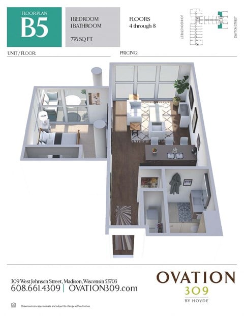 Floor plan for 1 bed, 1 bath, 776 sqft